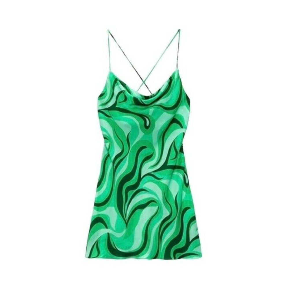 Zara green slip mini dress with psychedelic print. Size XS.